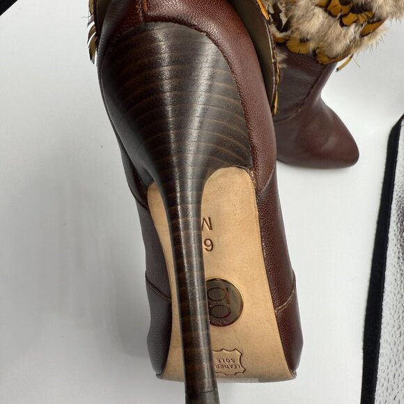 Bebe Vintage Brown Leather Feather-Trimmed Stiletto Boots – Size 6 Used - Picture 5 of 7